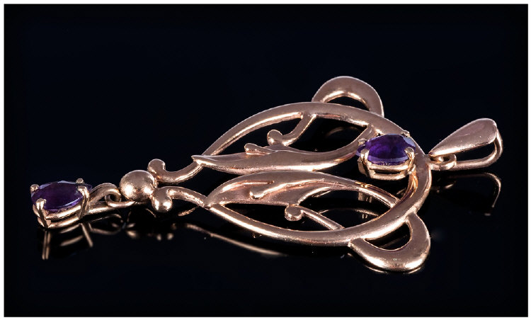 Art Nouveau 9ct Gold & Amethyst Set Pendant Drop Marked 9ct. 2`` in height.