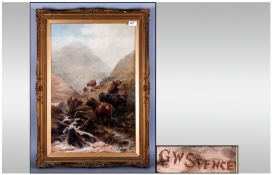 An Oil Painting On Canvas Of Highland Cattle Watering In A Glen, Signed G.W.Spencer. With