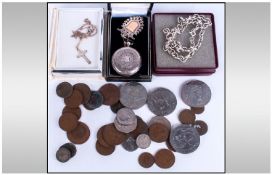 Mixed Lot Of Oddments Comprising Low Value Coins, Silver Chain, Ladies Fob Watch, Silver Fob Etc.