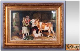 R.Kitchen R.S.A 1920-1987 Preston Artist, Oil On Board Of Stable Interior With Children Feeding