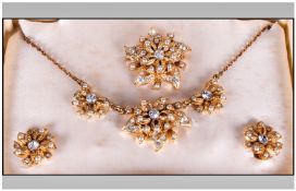 Hollywood Set of Faux Seed Pearl and Crystal Jewellery in original cream, pressed plastic case,