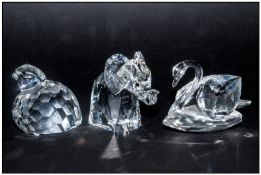 Swarovski Crystal Figures, 3 in total, 1. Swan, Large. Designer Max Schreck, Number 7633 NR 063