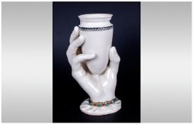 Royal Worcester Hand Painted Vase, In The Form of a Hand Holding a Pet. c.1880`s. Impressed