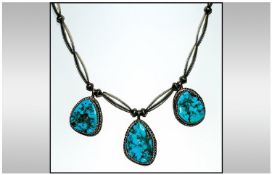 Vintage Silver and Turquoise Set Necklace, unmarked; 16 inches long