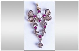 Early 20thC Articulated Open Work Diamond, Ruby & Pearl Pendant Of Floral Design Unmarked Tests
