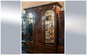 Edwardian Mahogany Triple Fronted Inlaid Wardrobe Two Mirrored Doors, Above Two Drawers. Central