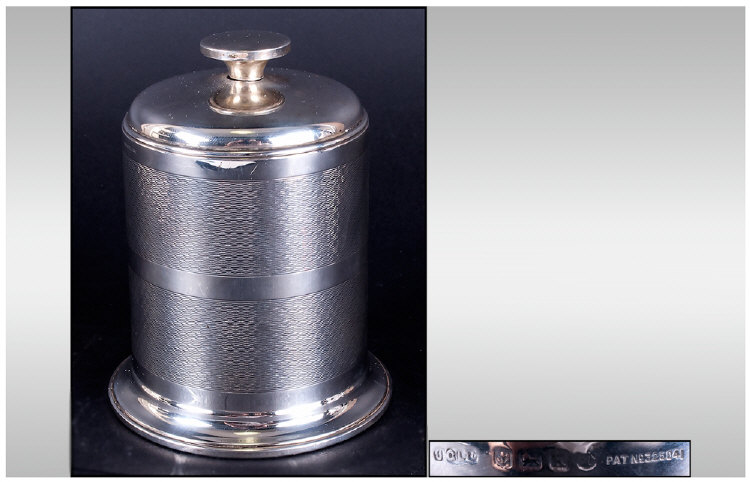 Art Deco Silver Lidded Cylindrical Shaped Table Cigarette Container with Pull Up Cover, In The True