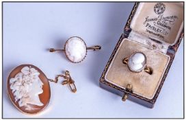18ct Gold Cameo Ring Together With A 9ct Gold Cameo Brooch & 9ct Gold Cameo Bar Brooch