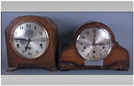 1930`s Oak Cased Westminster Chime Mantle Clock with a round steel dial & black numerals. With a