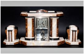 Art Deco Black, White & Chocolate Coloured Mantle Clock Garniture Set with chrome & glass cased