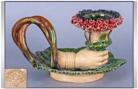 A Rare Portugese Majolica 19th Century Candlestick Holder in the form of a hand. Circa 1880. 4`` in