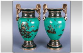 Pair of Japanese Noritake Vases, Grecian style with gilt decoration on an unusual green ground. 13