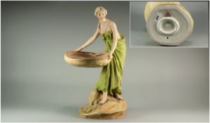 Royal Dux Very Fine Figural Centre Piece of a Maiden Holding a Scallop Shell Bowl, on a