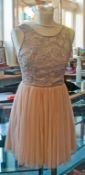 Lipsy Designer Ladies Dress. Size UK 8. Peach with Contrasting Lace Top and Floaty Skirt in Very