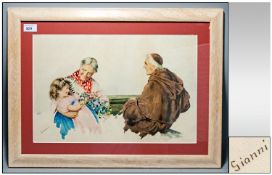 GIANNI 19thC Italian Framed Watercolour Of Typical Style Portrait Figures, Little Girl &