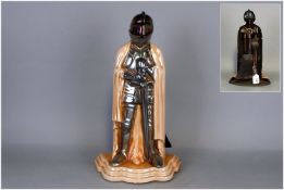 Enamelled and Patinated Knight Fireside Companion, comprising brush, coal tongs and shovel to the