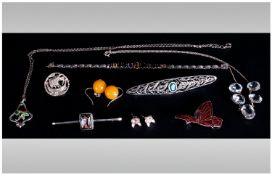 Silver And Crystal Necklace Together With A Gem Set Bracelet, Enamel Pendant, 4 Brooches & 2 Pairs