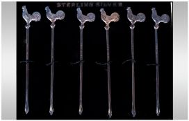 6 Sterling Silver Cocktail Sticks All With Cockerel Finials In Fitted Case