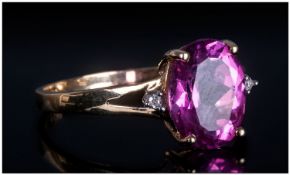 9ct Gold Dress Ring, Set With Central Pink Sapphire Coloured Stone Between Two  Diamond Chips,