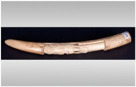 African Tribal Art / Fertility Carved Ivory Tusk of a Semi-Clad Topless Woman to Centre. Length 20