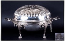 Antique Good Quality Silver Plated Two Handed Breakfast Warmer, In The Regency Style. Four Raised