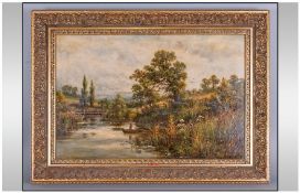 Charle A Bool `Man In A Boat By The Rivers Edge` oil on canvas, signed, 15.5x23.5`` in broad gilt