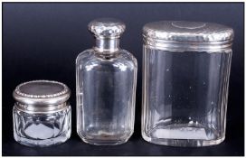 A Matching Set Of Silver Topped & Glass Ladies Trinket Bottles, with planished finish. Hallmarked