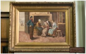 19th Newlyn School. Large Oil On Canvas, original frame. Interior Study, tending the sick brought