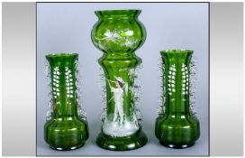 Mary Gregory Style 19th Century Glass Vases comprising A Pair And Single Vase, Emerald green