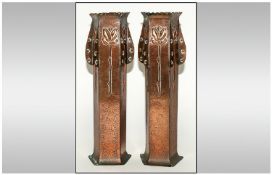 Pair of Arts & Crafts Pentagonal Copper Vases, possibly German Jugendstil, each of the five faces