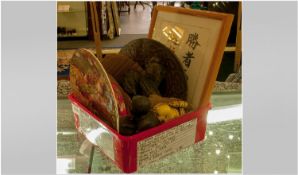 Small Box Of Ceramics & Collectables Including cabinet plate, oriental figures, bowl, glass clock,