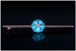 Victorian Fine High Ct Gold Turquoise & Diamond Bar Brooch, the central diamond surrounded by 5