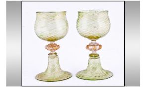 Two 19th/20th Century Venetian Glasses. Green spiral reeded form with gold flash, central nops with