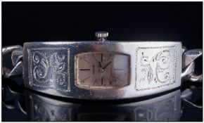 Swiss - Modern Ladies Silver Wrist Watch, In The Form of a I.D. Curb Bracelet. Marked 925. Small