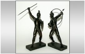 Pair of Patinated Bronze Figures of Ancient Greco-Roman Athletes, one with a bow and arrow, the