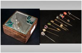 Collection of Gold and Other Stick Pins including coral, Amethyst, scarab, Pietra dura etc. in a