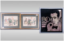 3 Framed Prints, Comprises Humphrey Bogart Smoking In Black Frame & Pair of Vintage Card Players In