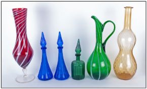 Six Pieces Of Contemporary Coloured Glassware, Consisting Of Two Fluted Blue Bottled With Stoppers,