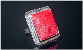 Red Coral Hand Made Ring, a square cushion cut, 12.5ct red coral stone set in a fully hand crafted,
