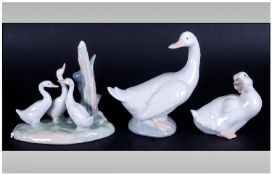 Nao By Lladro Figures, 3 in total, 1. Ducks Group Model Number 00006, 2. Duck Looking Back, model