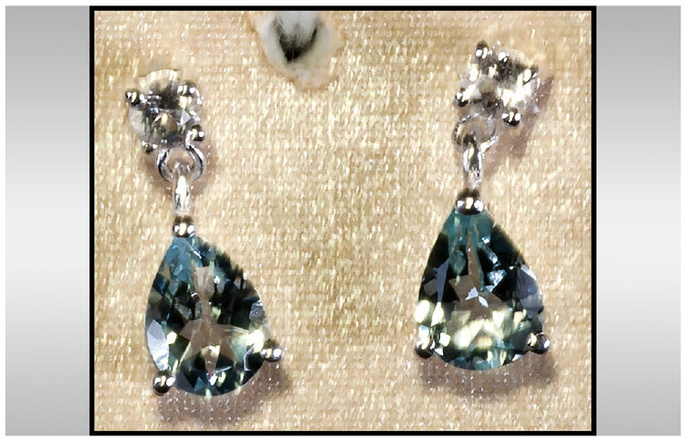 Aquamarine and White Topaz Drop Earrings, pear cut Aquamarines suspended below round cut white