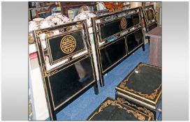 Three Black Lacquered Chinese Style Headboards decorated in gilt work with Chinese character