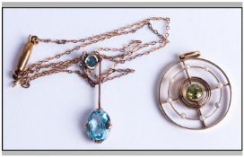9ct Gold Peridot And Seed Pearl Pendant Together With A Blue Aqua Coloured Pendant And Chain