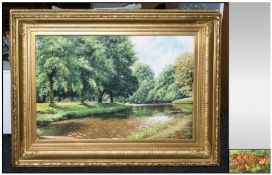 R.Kitchen R.S.A 1920-1987 Preston Artist, Oil On Canvas Of A River Scene, in parkland setting. With