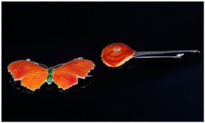 A Vintage Butterfly Sterling Silver Shaped Brooch, with orange and green enamel hook & pin