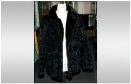 Ladies Three Quarter Length Astrakhan Black Coat, Faux fur collar. fully lined. Collar with revers.