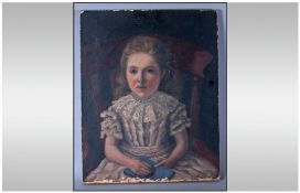 A Victorian Oil Painting On Canvas of a young girl in a chair holding a book. Dressed in