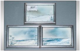 Felicity Harwood Set Of Three miniatures, watercolours, snow scenes in silver wooden frames. All