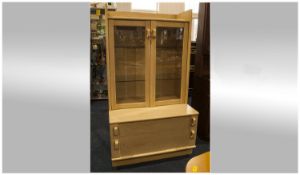 Retro Style Bleached Elm G Plan Cabinet with glazed top and double doors below. 32 inches wide and