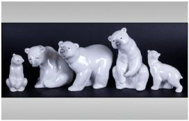 Set Of Three Lladro Polar Bears, Tallest 5`` in height. Together with two smaller Nao by Lladro